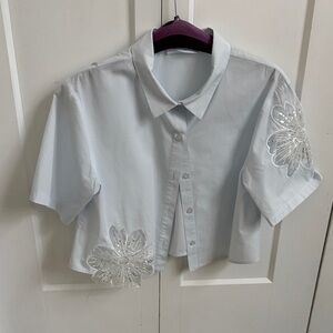 Zara Light Blue Shirt with White Floral Embroidery